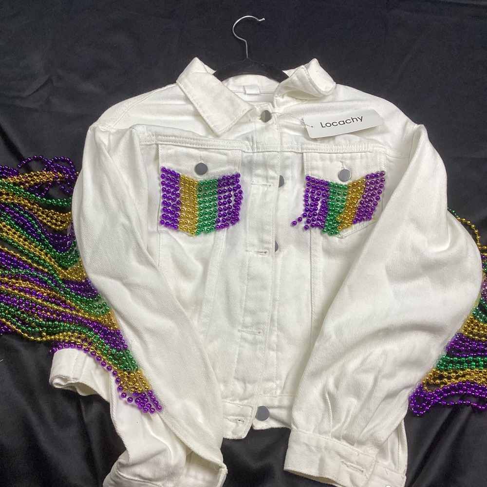Locachy Womens White Denim Mardi Gras Bead Fringe Jacket Small Purple Green Gold